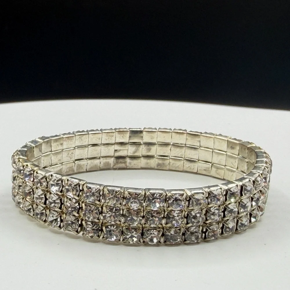 3 Row Clear Rhinestone Stretch Bracelet Silver Tone Sparkle Statement Jewelry